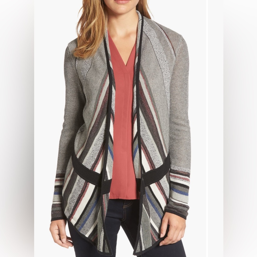 NIC+ZOE Mirror Image Striped Waterfall Cardigan in Grey size XS